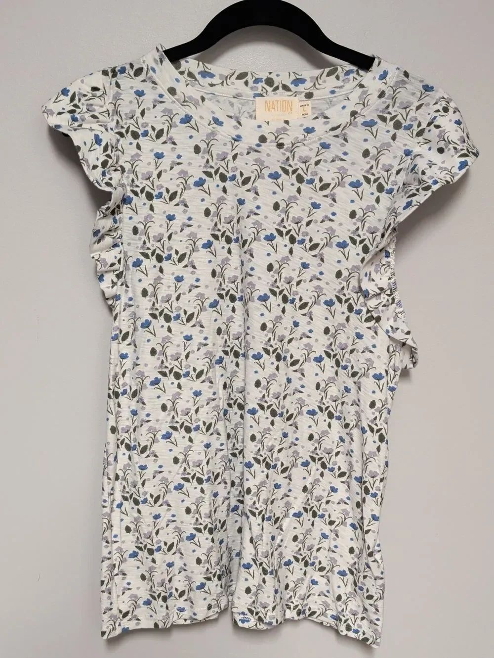 Nation LTD White Floral Ruffle Sleeve Tee with Blue Accents